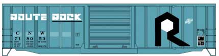 50' Exterior-Post Modern Boxcar - Kit -- Rock Island 718053 (blue, black, white, Route Rock Slogan)