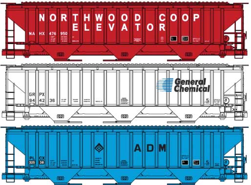 Pullman-Standard 4750 3-Bay Covered Hopper 3-Pack - Kit -- 1 Each: Northwood Coop (red), General Chemical (white), ADM (blue)