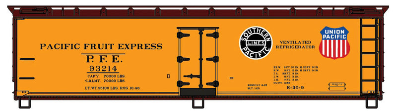 40' Wood Reefer - Kit -- Pacific Fruit Express (orange, Boxcar Red, color  Logos)