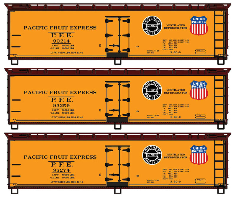 40' Wood Reefer 3-Pack - Kit -- Pacific Fruit Express (orange, Boxcar Red, black SP and color UP Logos)