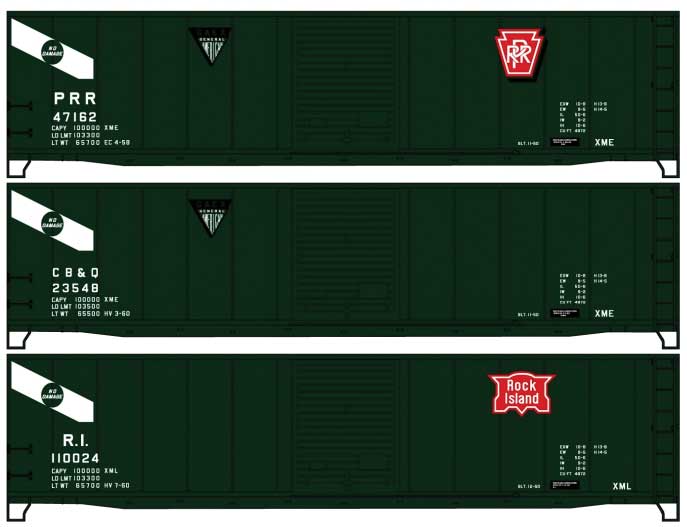 50' Single-Door Riveted-Side Boxcar 3-Pack - Kit -- PRR #47162, CB&Q #23548, RI #110024 (green, white)