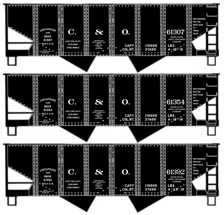 USRA 55-Ton 2-Bay Hopper 3-Pack - Kit -- Chesapeake & Ohio 61307, 61354, 61392 (Early Scheme, black)