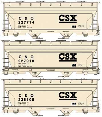 ACF 2-Bay Covered Hopper 3-Pack - Kit -- CSX C&O 227714, 227918, 228105 (sand, black)