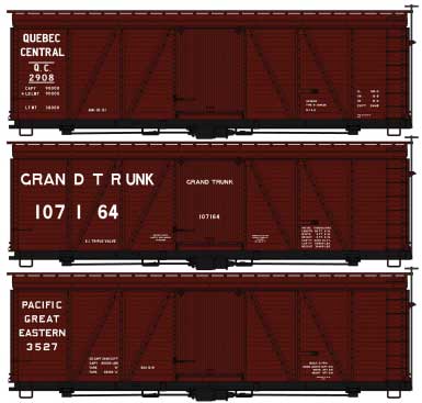 Fowler 36' Wood Boxcar 3-Pack - Kit -- Quebec Central #2908, Grand Trunk #107164, Pacific Great Eastern #3527