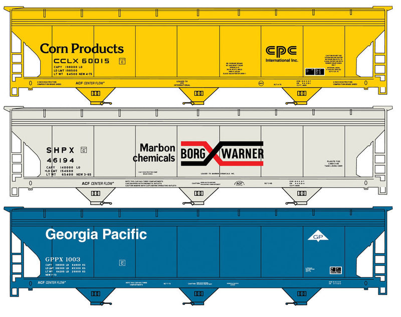 ACF 47' 3-Bay Center-Flow Covered Hopper 3-Pack - Kit -- 1 Each Corn Products Co., Borg Warner, Georgia Pacific