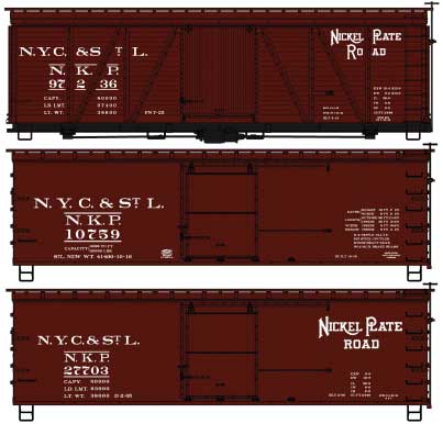 40' Wood Boxcar 3-Pack - Kit -- Nickel Plate 97236, 10759, 27703 (3 Schemes, Boxcar Red)