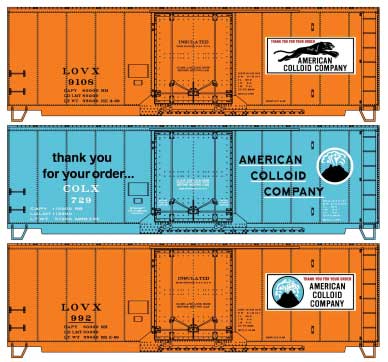 AAR 40' Insulated Plug-Door Boxcar 3-Pack - Kit -- American Colloid Company (2 orange, 1 blue)