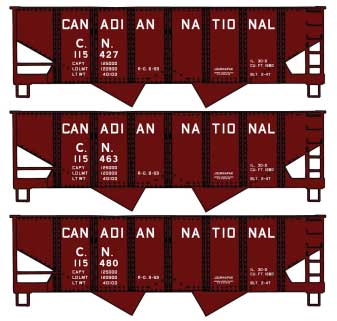 USRA 55-Ton 2-Bay Open Hopper 3-Pack - Kit -- Canadian National #115427, 115463, 115480 (Boxcar Red)