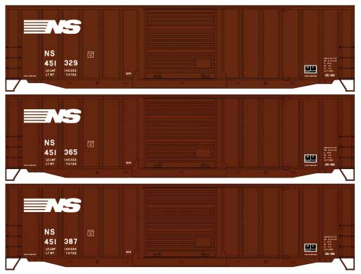 50' Exterior-Post Modern Boxcar 3-Pack - Kit -- Norfolk Southern #451329, 451365, 451387 (Boxcar Red, white)
