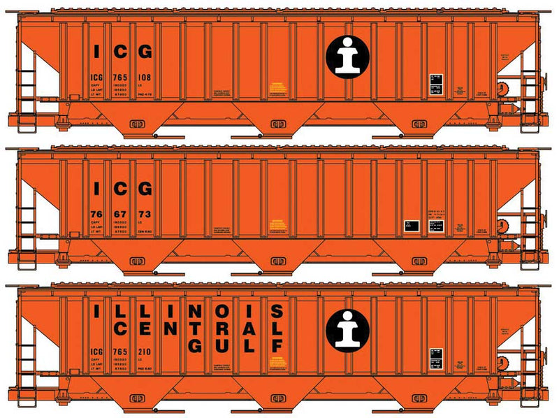 Pullman-Standard 4750 3-Bay Covered Hopper 3-Pack - Kit -- Illinois Central Gulf #765108, 766773, 765210 (3 Schemes; orange, black)