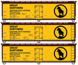 40' Wood Reefer 3-Pack - Kit -- Great Northern WFEX #73206, 73259, 73284 (yellow, Boxcar Red; Rocky Logo)