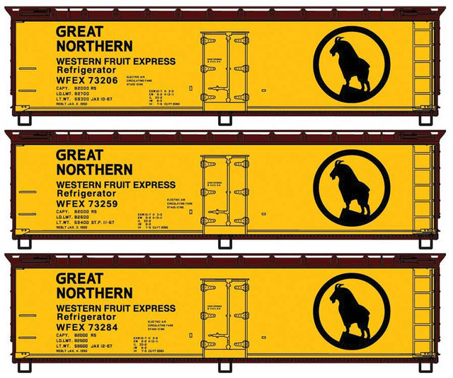 40' Wood Reefer 3-Pack - Kit -- Great Northern WFEX #73206, 73259, 73284 (yellow, Boxcar Red; Rocky Logo)