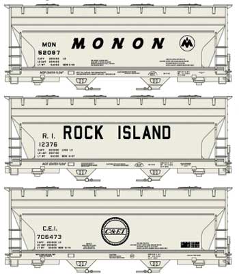 ACF 2-Bay Covered Hopper 3-Pack - Kit -- 1 Each: Monon #52087, Rock Island #12376, Chicago & Eastern Illinois #70647