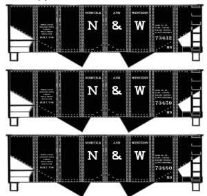 USRA 55-Ton 2-Bay Open Hopper 3-Pack - Kit -- Norfolk & Western #73412, 73459, 73480 (Early Lettering, black, Medium N&W)
