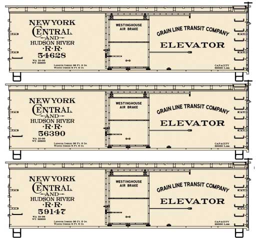 36' Double-Sheathed Wood Boxcar, Steel Roof, Wood Ends 3-Pack - Kit -- New York Central & Hudson River #54628, 56390, 59147 (beige, black)