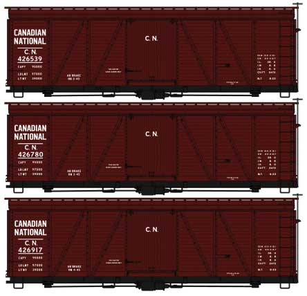 Fowler 36' Wood Boxcar 3-Pack - Kit -- Canadian National #426539, 426780, 426917  (Boxcar Red)
