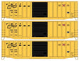 50' Exterior-Post Modern Boxcar 3-Pack - Kit -- Railbox #20428, 20459, 20473 (yellow, black; Small Next Load Logo)