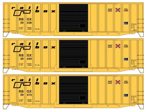 50' Exterior-Post Modern Boxcar 3-Pack - Kit -- Railbox #20428, 20459, 20473 (yellow, black; Small Next Load Logo)