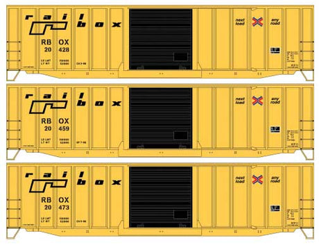 50' Exterior-Post Modern Boxcar 3-Pack - Kit -- Railbox #20428, 20459, 20473 (yellow, black; Small Next Load Logo)