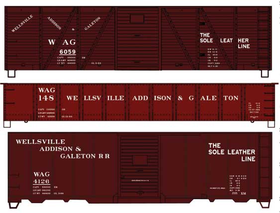 Wood Boxcar, Steel Boxcar, Gondola Set - Kit -- Wellsville, Addison & Galeton #6059, 4126, 148 (Boxcar Red)