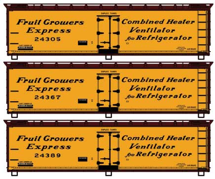 Early 40' Wood Reefer 3-Pack - Kit -- Fruit Growers Express #24305, 24367, 24389 (Early, yellow, Boxcar Red)