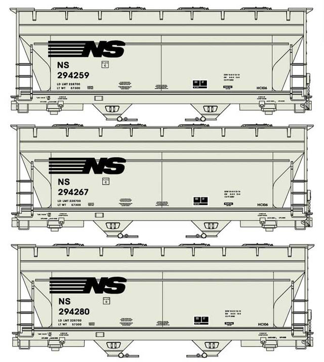 ACF 2-Bay Covered Hopper 3-Pack - Kit -- Norfolk Southern #294259, 294267, 294280 (gray, black)