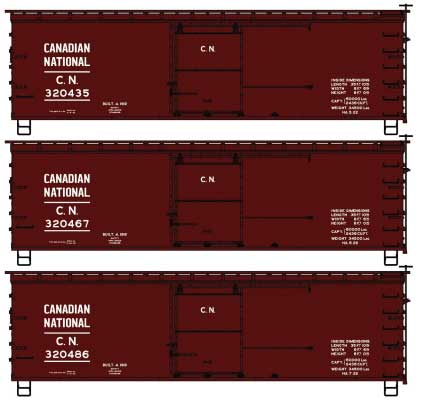 36' Double-Sheathed Boxcar 3-Pack - Kit -- Canadian National #320435, 320467, 320486 (Boxcar Red)