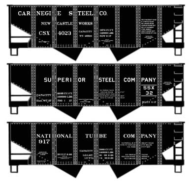 USRA 55-Ton 2-Bay Open Hopper 3-Pack - Kit -- 1 Each: Carnegie Steel, Superior Steel, National Tube Company (black)