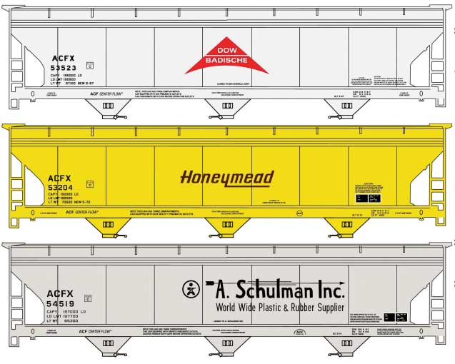 ACF 47' 3-Bay Center-Flow Covered Hopper 3-Pack - Kit -- 1 Each: Dow Badische #53523, Honeymead #53204, A. Schulman #54519