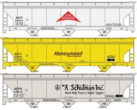 ACF 47' 3-Bay Center-Flow Covered Hopper 3-Pack - Kit -- 1 Each: Dow Badische #53523, Honeymead #53204, A. Schulman #54519
