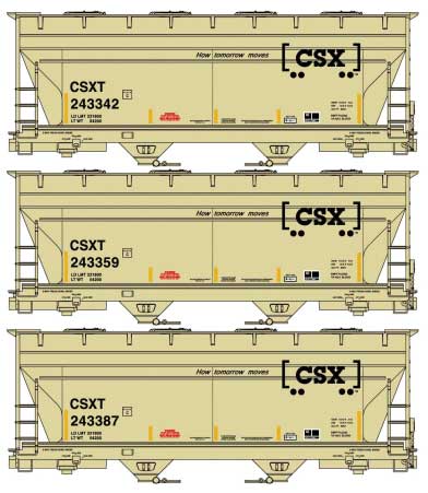 ACF 2-Bay Covered Hopper 3-Pack - Kit -- CSX #243342, 243359, 243387 (tan, black, Boxcar Logo, How Tomorrow Moves)