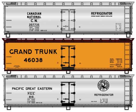 40' Wood Reefer 3-Pack - Kit -- 1 Each Canadian National #207735, Grand Trunk #46038, Pacific Great Eastern