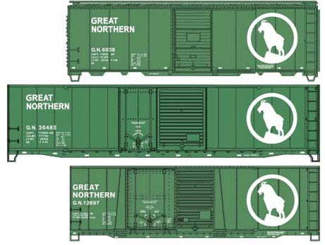 40' Single Door, 40' Combo Door & 50' Combo Door Boxcar Set - Kit -- Great Northern #6038, 36485, 12697 (Glacier Green, white, Rocky Logo)