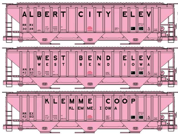 Pullman-Standard 4750 3-Bay Covered Hopper 3-Pack - Kit -- Co-Op 1 Each: Albert City, West Bend, Klemme, IA (pink, black)