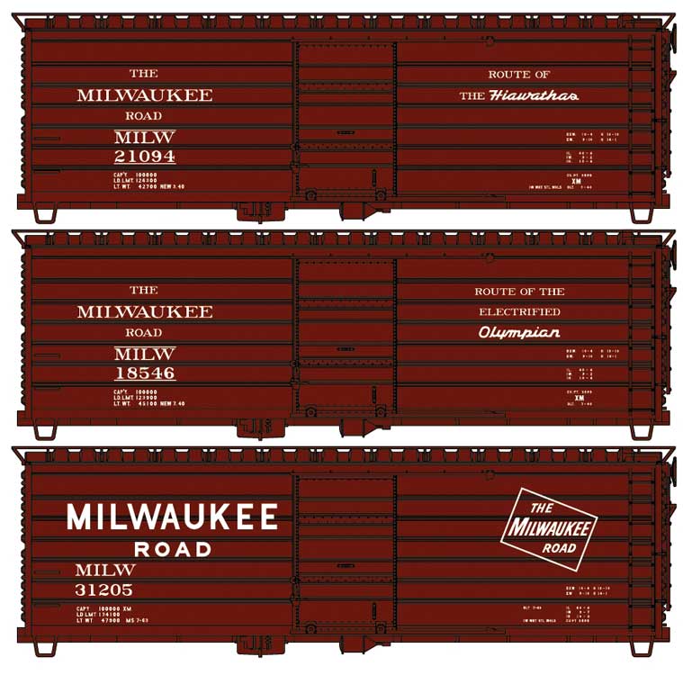 Milwaukee Road 40' Rib-Side Boxcar - Phase I Long Rib - 3-Pack - Kit -- Milwaukee Road #21094, 18546, 31205 (3 Versions, Boxcar Red)