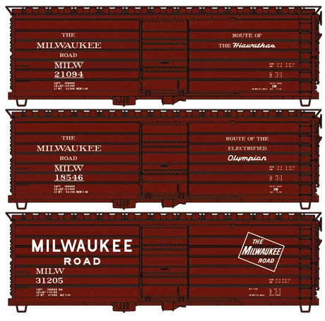 Milwaukee Road 40' Rib-Side Boxcar - Phase I Long Rib - 3-Pack - Kit -- Milwaukee Road #21094, 18546, 31205 (3 Versions, Boxcar Red)
