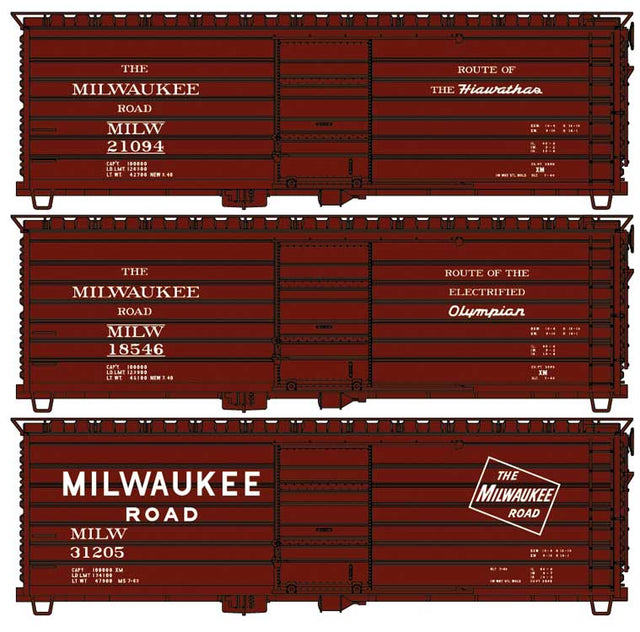Milwaukee Road 40' Rib-Side Boxcar - Phase I Long Rib - 3-Pack - Kit -- Milwaukee Road #21094, 18546, 31205 (3 Versions, Boxcar Red)