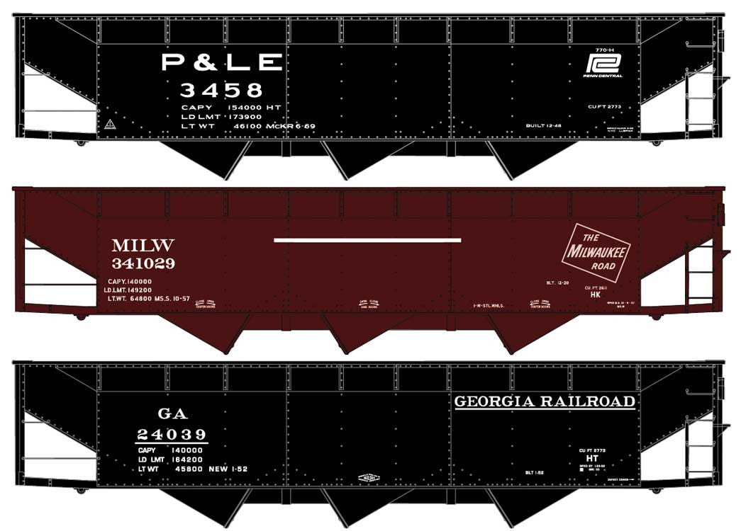 AAR 70-Ton Offset-Side 3-Bay Hopper 3-Pack - Kit -- 1 Each Pittsburgh & Lake Erie/PC, Milwaukee Road & Georgia Railroad