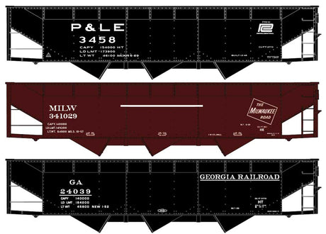 AAR 70-Ton Offset-Side 3-Bay Hopper 3-Pack - Kit -- 1 Each Pittsburgh & Lake Erie/PC, Milwaukee Road & Georgia Railroad