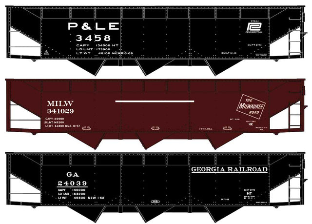 AAR 70-Ton Offset-Side 3-Bay Hopper 3-Pack - Kit -- 1 Each Pittsburgh & Lake Erie/PC, Milwaukee Road & Georgia Railroad