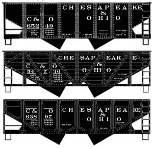 USRA 55-Ton, Wood, Panel-Side 2-Bay Hopper Set - Kit -- Chesapeake & Ohio #65249, 54736, 63897 (black)