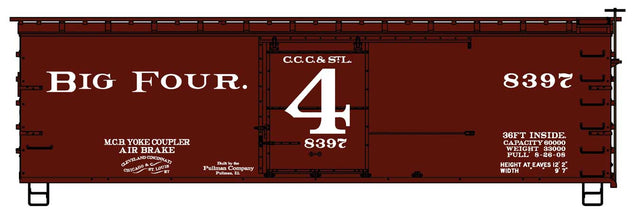 36' Double-Sheathed Wood Boxcar, Steel Roof, Wood Ends, Straight Underf. Kit -- Big Four CCC&StL #8397 (Boxcar Red, white, Large 4)