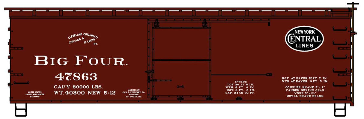 36' Double-Sheathed Wood Boxcar, Steel Roof, Wood Ends, Straight Underf. Kit -- Big Four CCC&StL #47863 (Boxcar Red, black NYC Lines Logo)