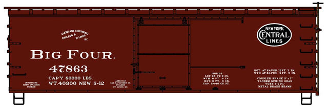 36' Double-Sheathed Wood Boxcar, Steel Roof, Wood Ends, Straight Underf. Kit -- Big Four CCC&StL #47863 (Boxcar Red, black NYC Lines Logo)