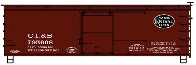 36' Double-Sheathed Wood Boxcar, Steel Roof, Wood Ends, Straight Underf. Kit -- Chicago, Indiana & Southern CI&S #795608 (Boxcar Red, black NYC Lines Logo)