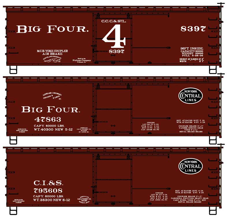 36' Double-Sheathed Wood Boxcar, Steel Roof, Wood Ends 3-Pack - Kit -- Big Four CCC&StL #8397, 47863, Chicago, Indiana & Southern #795608