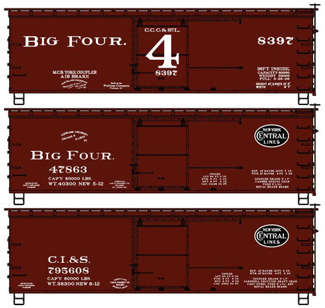 36' Double-Sheathed Wood Boxcar, Steel Roof, Wood Ends 3-Pack - Kit -- Big Four CCC&StL #8397, 47863, Chicago, Indiana & Southern #795608