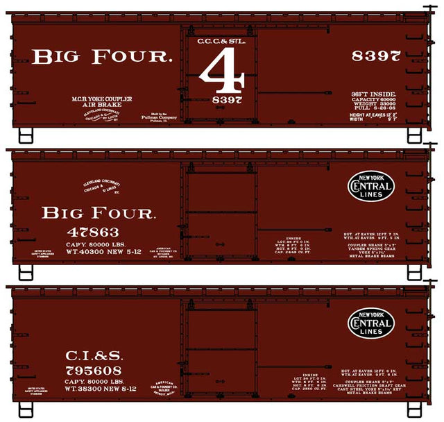 36' Double-Sheathed Wood Boxcar, Steel Roof, Wood Ends 3-Pack - Kit -- Big Four CCC&StL #8397, 47863, Chicago, Indiana & Southern #795608