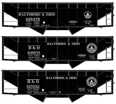 50-Ton Offset-Side 2-Bay Hopper 3-Pack - Kit -- Baltimore & Ohio #428479, 639875, 827032 (black, 2 Logo Styles)
