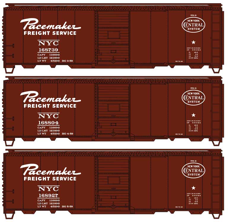 AAR 40' Single-Door Steel Boxcar 3-Pack - Kit -- New York Central #168739, 168804, 168927 (Boxcar Red, white, Pacemaker Marki